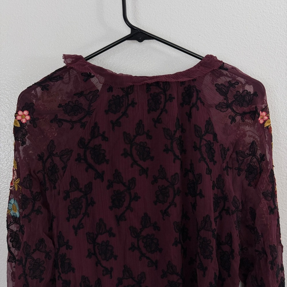 Sundance Top Womens Small Burgundy Floral Embroidered Tassel Tie Long Sleeve - Picture 11 of 13